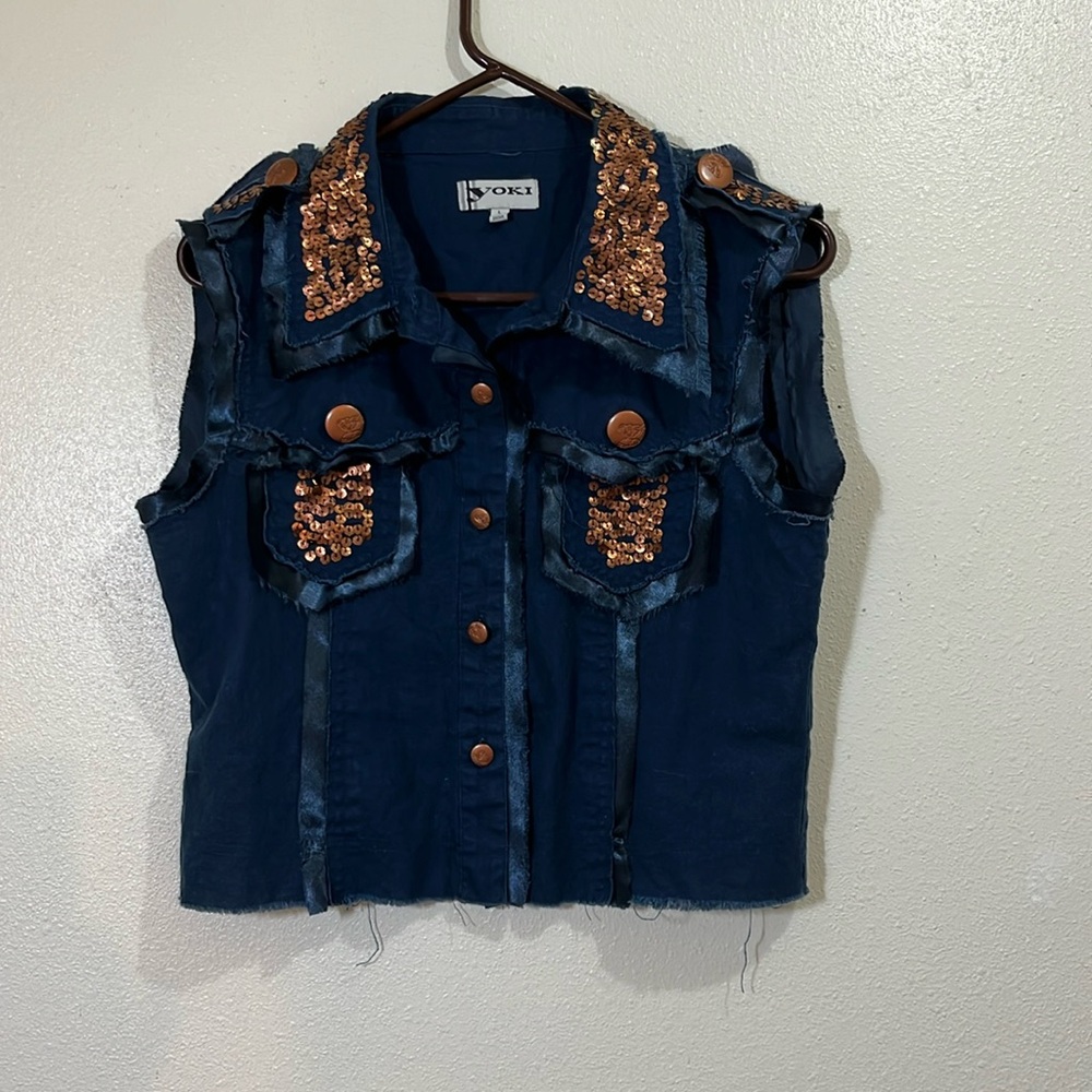Yoki child’s blue jean vest with copper sequins. Size Large